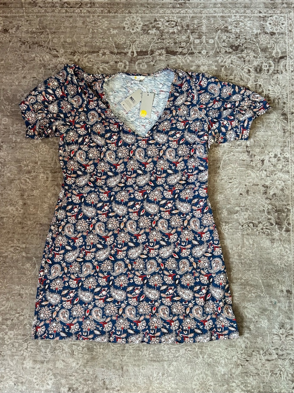Boden Paisley V-Neck Short Sleeve Dress - Navy with Red & Cream Accents NWT XXL